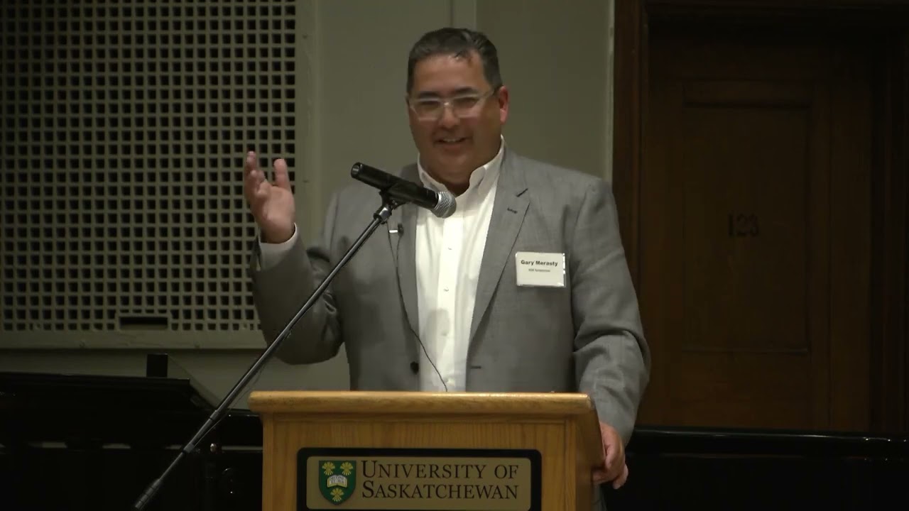 Gary Merasty, Chief Executive Officer of The Peter Ballantyne Group of Companies, speaks at Together|Ensemble 2023 at the University of Saskatchewan